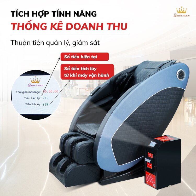 Ghế massage kinh doanh Queen Crown QC KD7 Plus tích hợp tính năng thống kê doanh thu