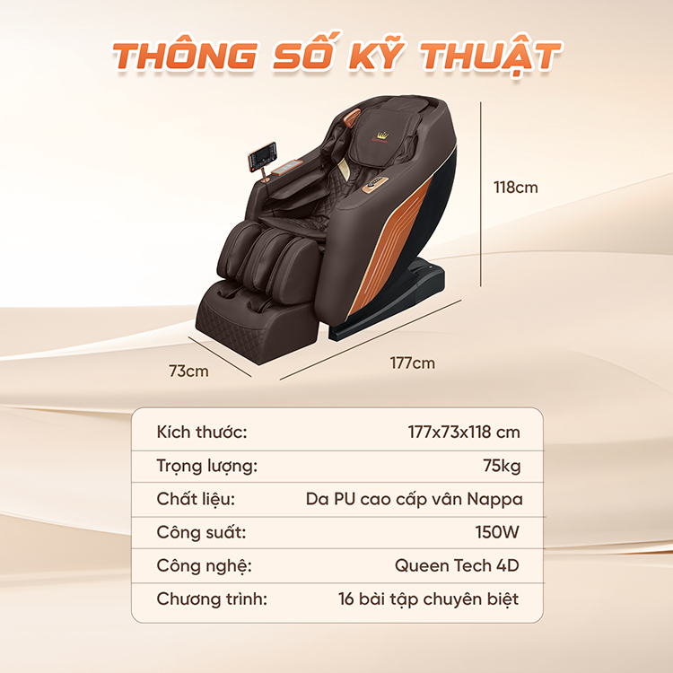 Ghế massage Queen Crown QZ001 Pro - Thông số kỹ thuật
