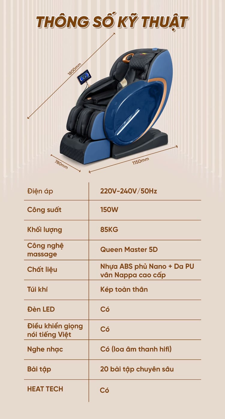 GHẾ MASSAGE QUEEN CROWN QL05 SPORT Thông số kỹ thuật