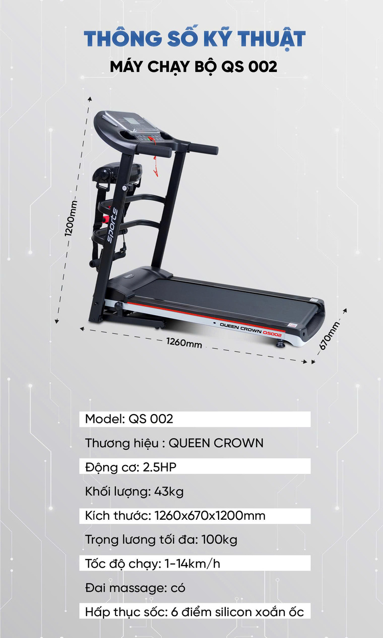 Máy chạy bộ Queen Crown QS002 - Thông số kỹ thuật
