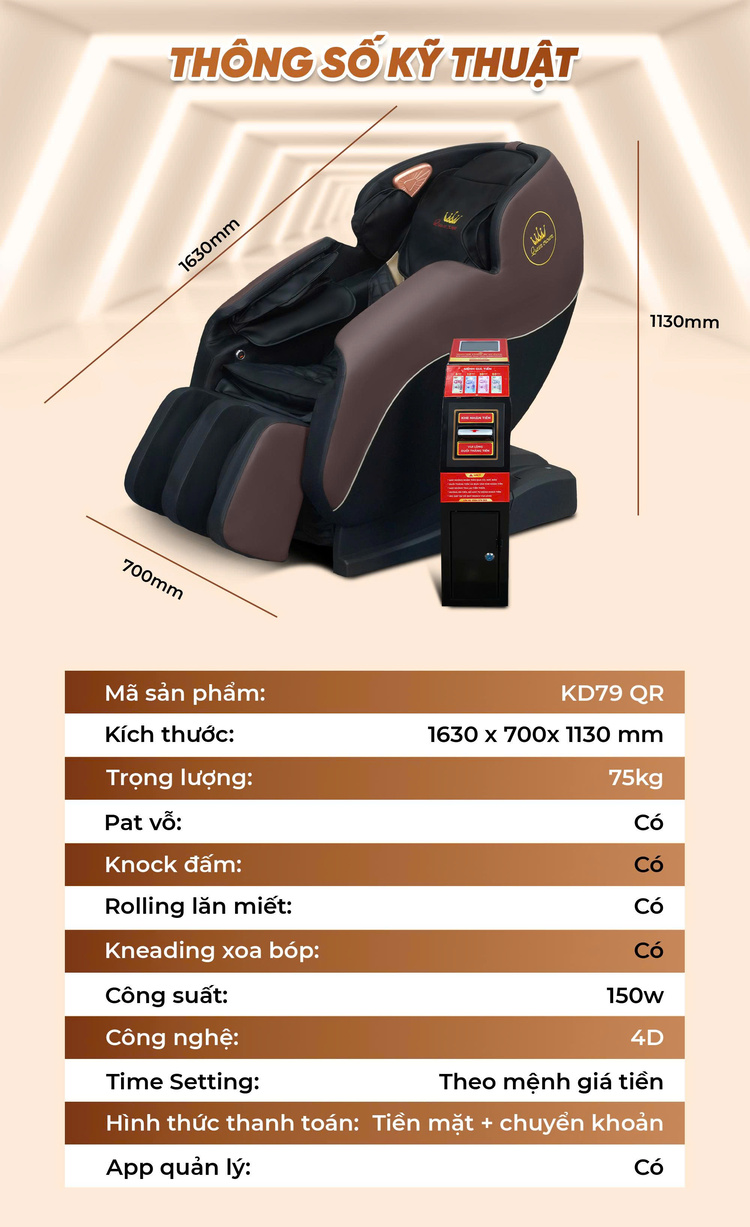 Ghế massage kinh doanh Queen Crown KD79 QR - Thông số kỹ thuật