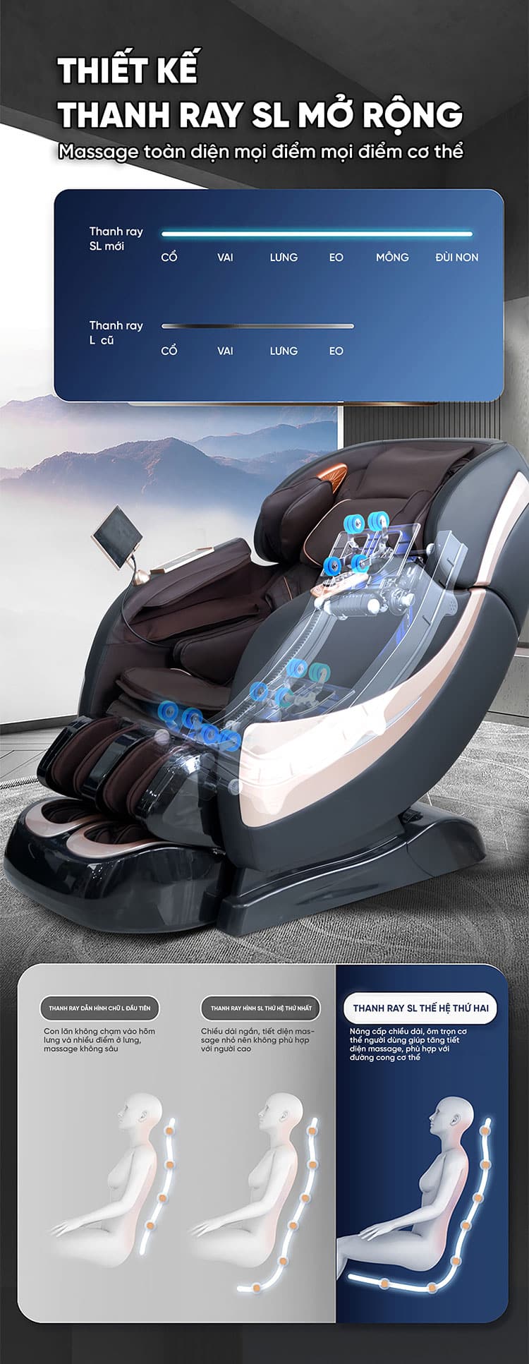 Ghế massage Queen Crown QL007 Luxury trang bị thanh ray SL mở rộng