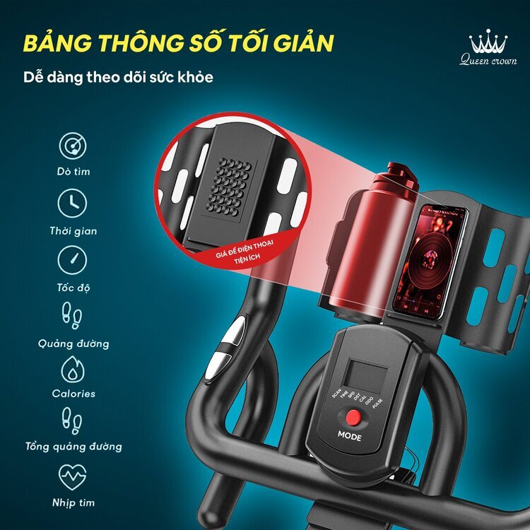 Xe đạp tập thể dục Queen Crown 300 Sport có màn hình hiển thị thông số