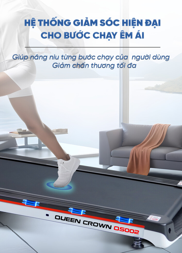 Máy chạy bộ Queen Crown QS002 có hệ thống giảm xóc hiện đại