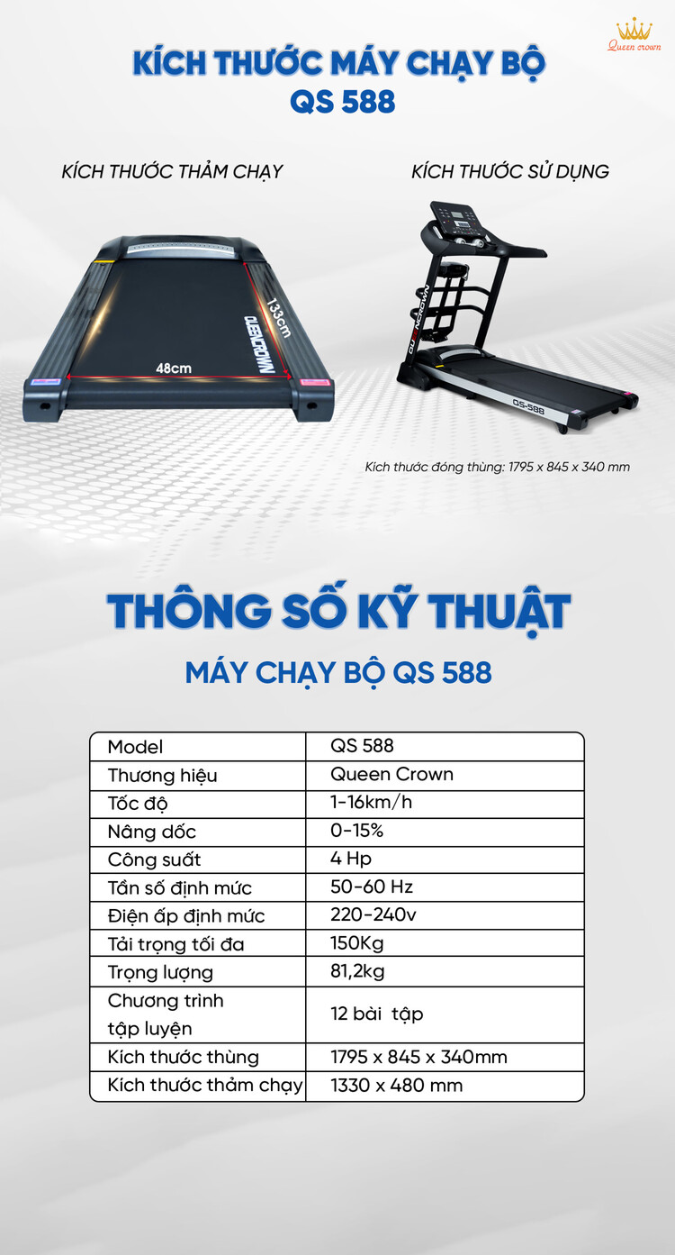 Thông số kỹ thuật Máy chạy bộ Queen Crown QS 588