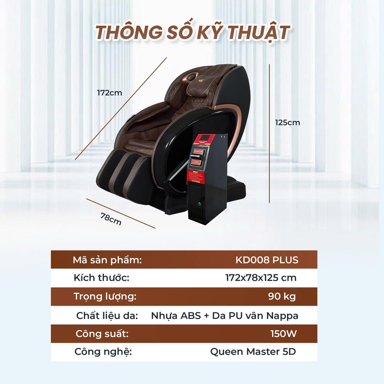 Ghế massage kinh doanh Queen Crown KD008 Plus - Thông số kỹ thuật