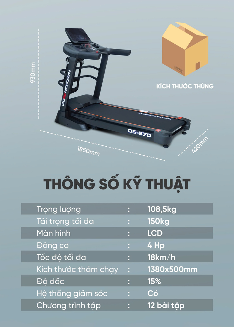 Thông số kỹ thuật máy chạy bộ Queen Crown QS588
